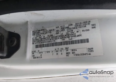 2012 Ford E-250 Commercial z USA, uszkodzony, nr VIN 1FTNE2EW6CDB03176